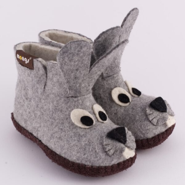 Warme Hausschuhe aus Filz mit Ledersohle für Babies und Kinder als Hase in der Farbe Grau - Baby Buny Grau